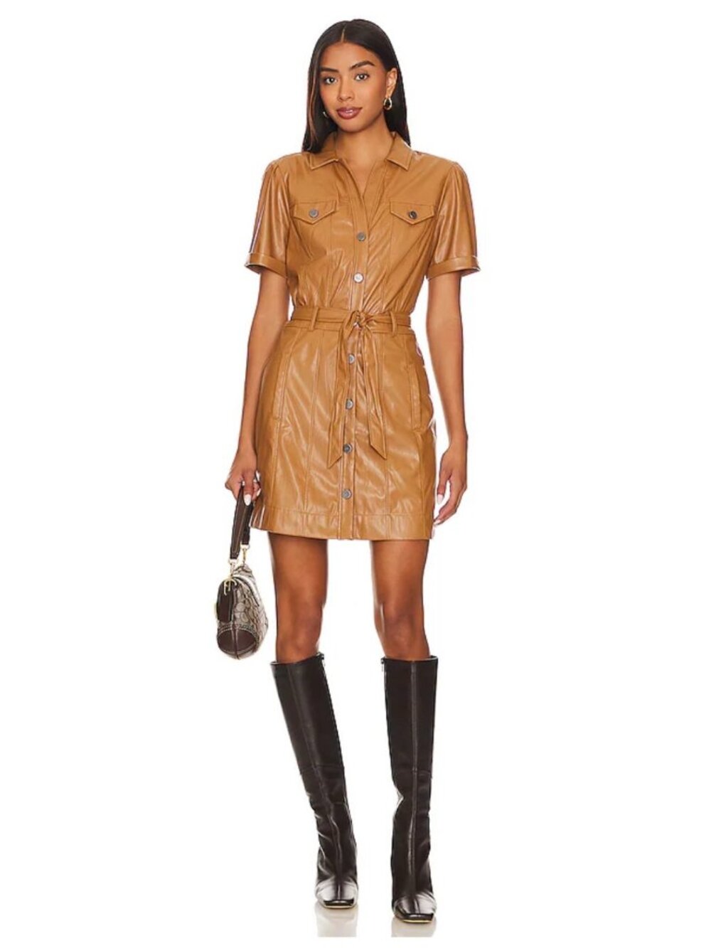 Paige Amina Dress Toasted Coconut Tan Faux Leather Belted Short-Sleeve Shirt M